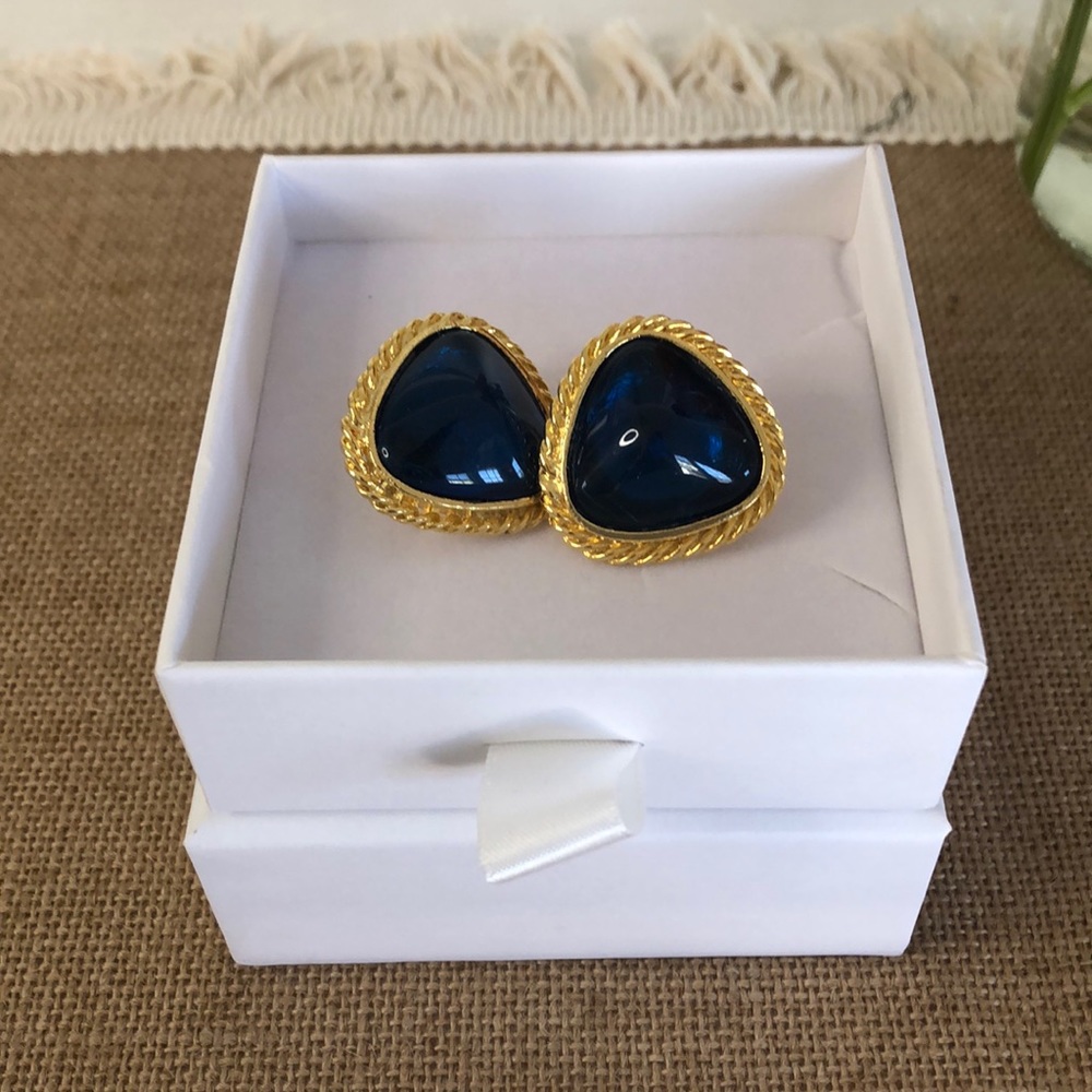 Princess Jasmine Costume Earrings, blue triangle earrings, blue and gold clip on